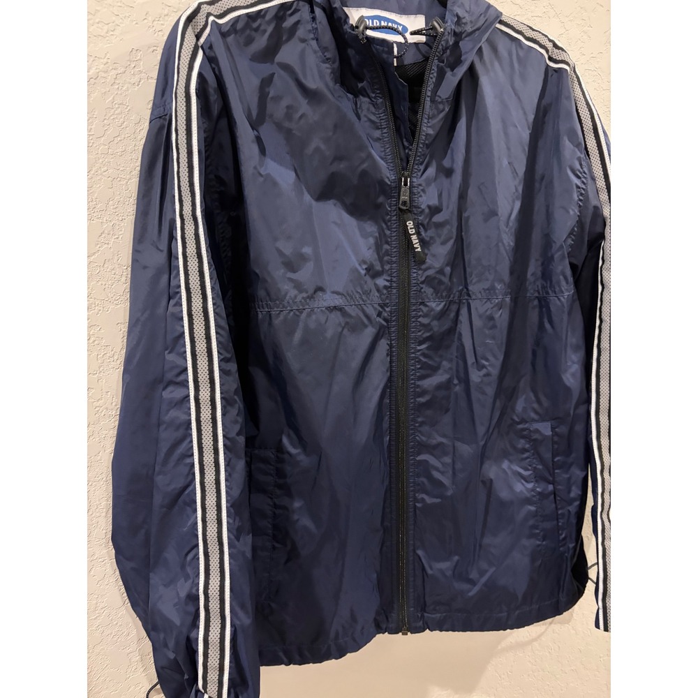 Vintage Old Navy Mens Windbreaker Jacket Navy Blue Striped Sleeve Hooded - Picture 2 of 7